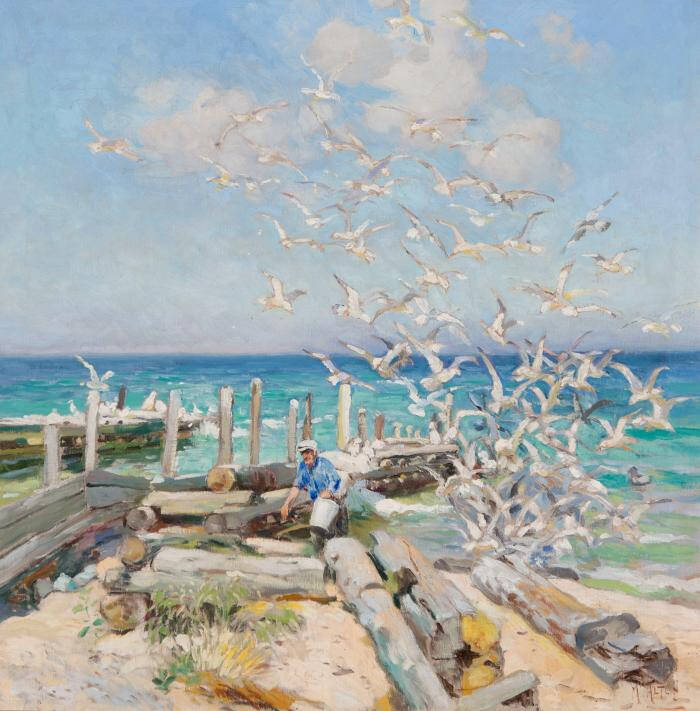 Painting of a fisherman near a pier, surrounded by a group of seagulls